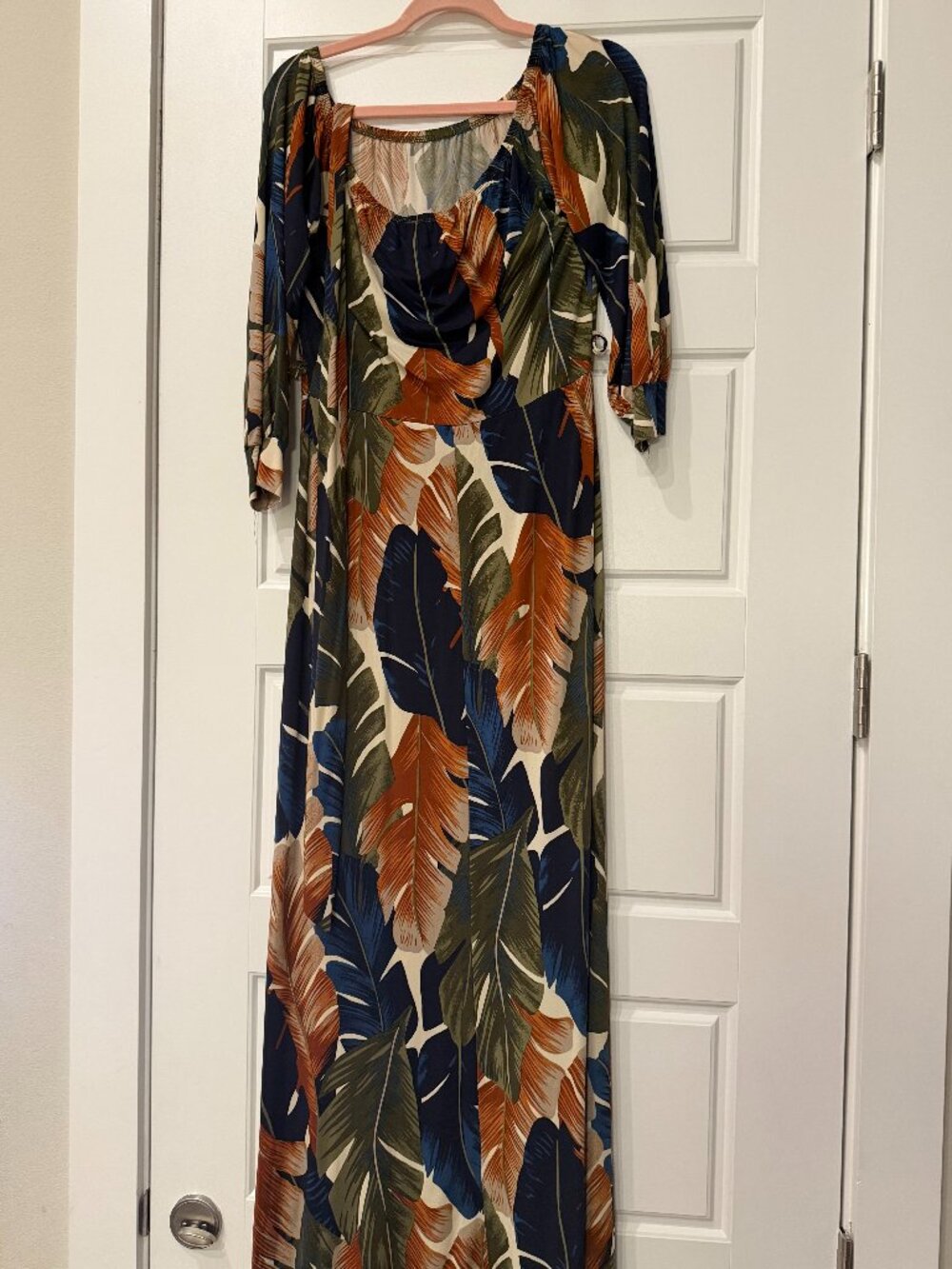 Tropical Leaf Print Long Sleeve Maxi Dress Navy Rust Olive (Medium)